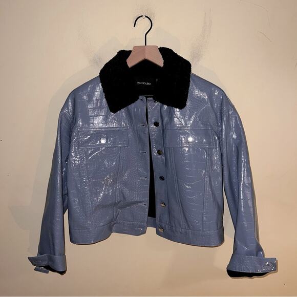 DOLCE CABO Womens Aviator Jacket Medium Blue Patent Leather Bomber Sherpa Y2k S - Picture 3 of 8